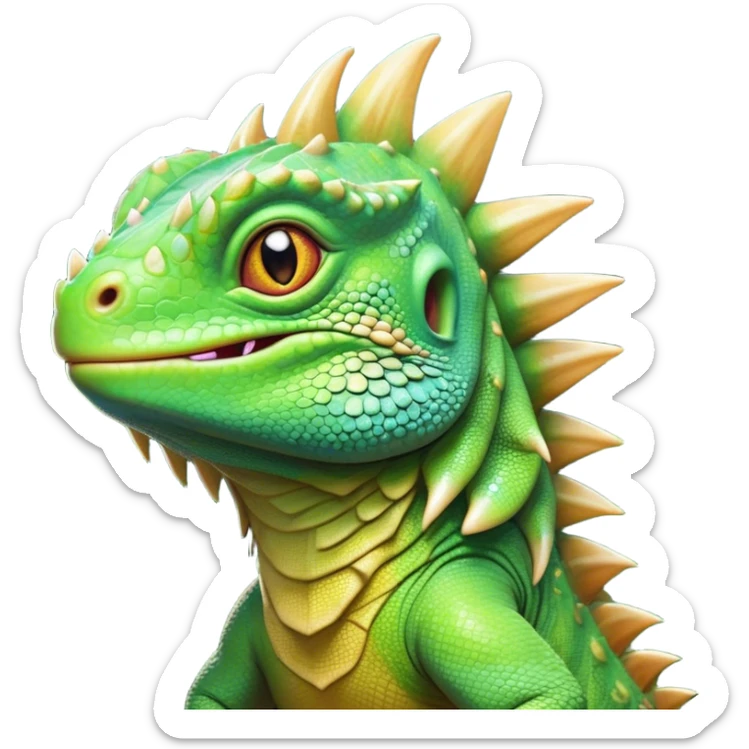 Cinematic Cute Iguana Portrait Emoji, Head tilted playfully and inquisitively, featuring a delightfully vibrant, textured body with a subtle spiky crest and large, sparkling eyes full of gentle wonder, Simplified yet irresistibly adorable features, highly detailed, glowing with a warm, inviting jungle glow, high shine, affectionate and lively, stylized with a touch of whimsical reptilian charm, soft glowing outline, capturing the essence of a mischievous yet loving iguana that seems as if it could scurry out of the screen into your arms! sticker