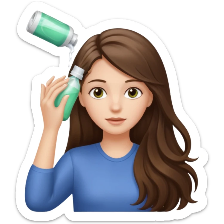 white long brunette hair girl with hazel eyes putting shampoo in sticker