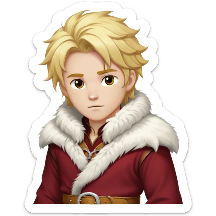 Medieval winter outfit worn by a DnD themed fantasy male character. Thick crimson wool tunic with white fox fur trim, featuring carved ivory toggles and a wide leather belt with bronze buckle. Clothes only above the waist, full waist coverage. The character has no arms. Character is white-skinned with honey gold hair, storm-cloud gray eyes, and medium-length tousled hair with icy highlights. sticker