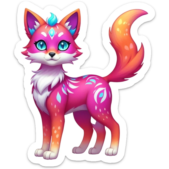 Vibrant multicolored neon-colored Falvie-Fionbri-creature-sparkle-feline-canine-hybrid-fursona, full body, fur pattern-markings sticker