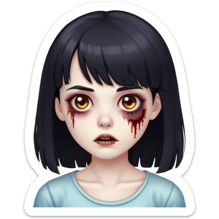 zombie girl with long black hair and short bangs and dark brown eyes sticker