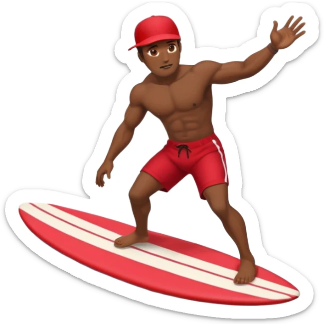 Dark, muscular man surfing wearing red shorts and a baseball cap Hawaii sticker
