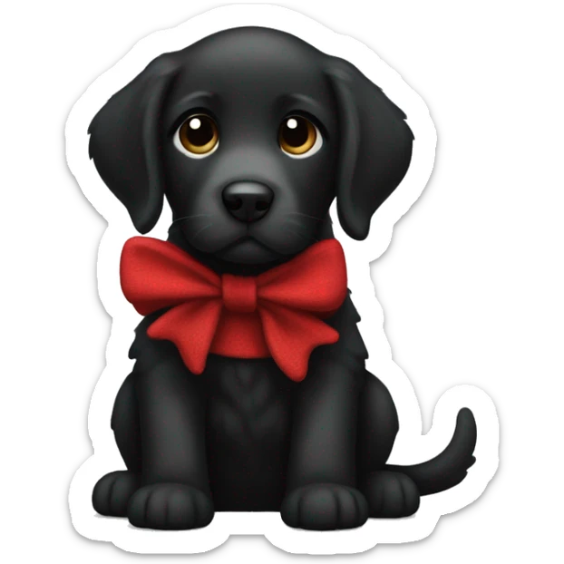 Black labrador puppy with a long curly fur in a red sweater and bow sticker