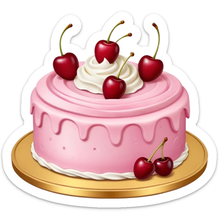 Round pink frosted cake with textured buttercream sides, placed on a gold cake board.
White whipped cream swirls on top, each topped with glossy red cherries with stems, clean studio lighting, isolated background, realistic minimal smooth emoji-style. sticker