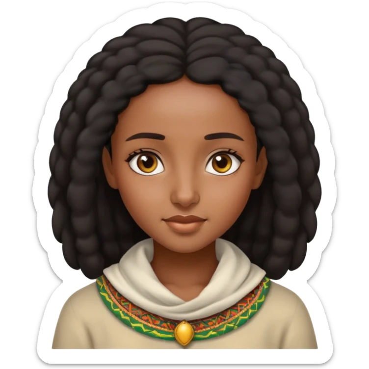beautiful Ethiopian girl, warm expression, natural hair, traditional features, high definition, precise details, iOS Apple style emoji sticker