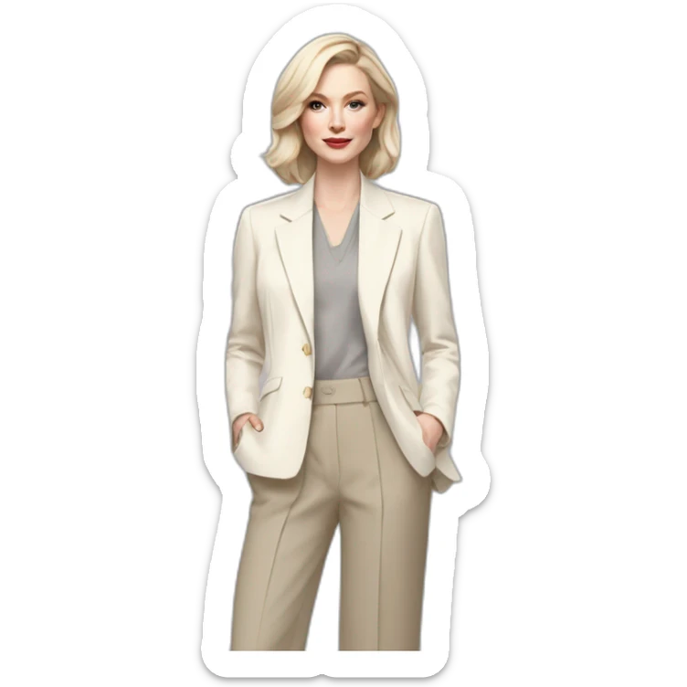 pale skin woman with ash blonde Straightened bob Hair, White Spacious classical jacket, beige palazzo Arrow pants and gray blouse holding a color palettes in the hands sticker