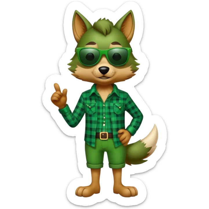 full-body friendly anthropomorphised wolf in green plaid shirt and green attire for St. Patrick's Day, wearing dark sunglasses, festive pose sticker