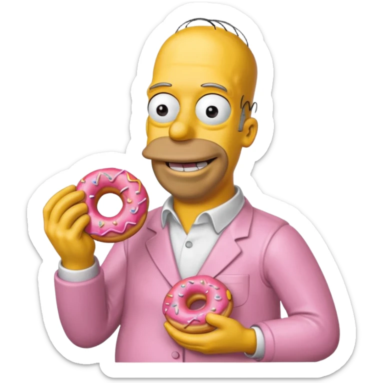 Homer Simpson grinning, holding a donut up, yellow skin, pink donut, plain background sticker
