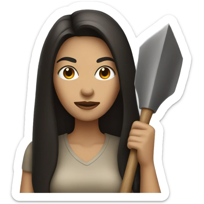 Beige Women with long dark hair holding big pointy shovel sticker