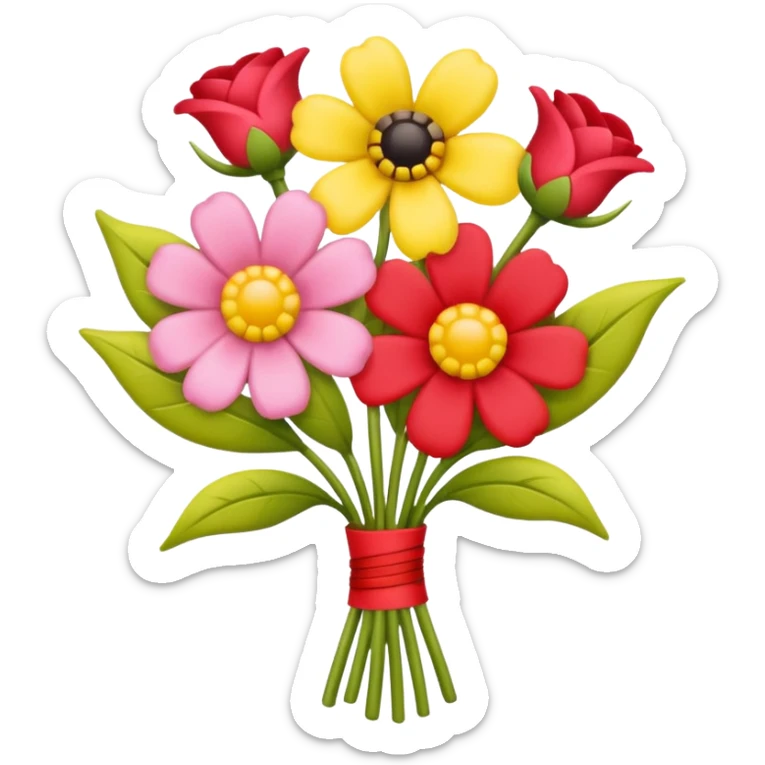 Two flowers one pink and one red in yellow bouquet with red band  sticker