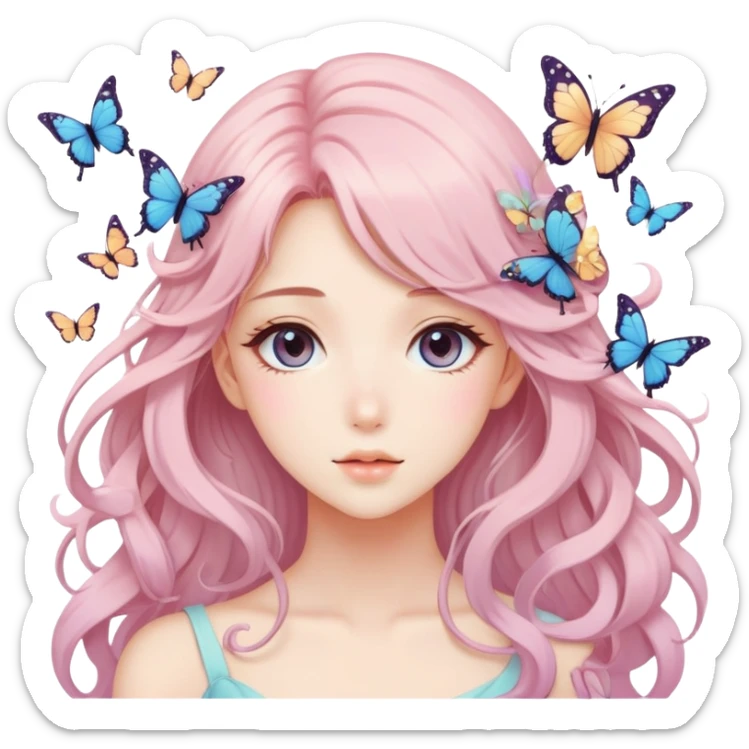 gorgeous anime pastel lady with butterflies and beautiful hair sticker
