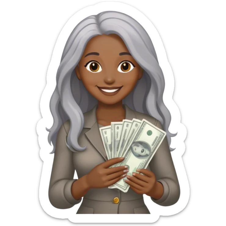 smiling black woman with long grey hair holding cash sticker