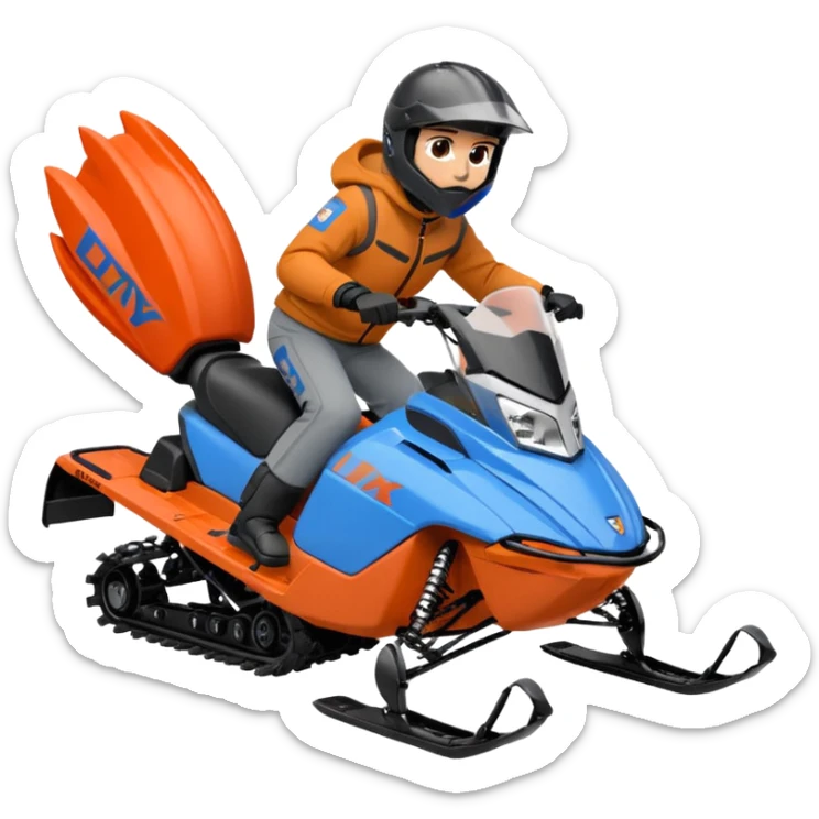 red Lynx brand snowmoble wheelies. driver with gray clothes and black/orange / blue helmet sticker