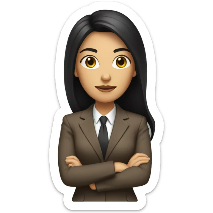 Female defense attorney with long black hair with brown suit sticker