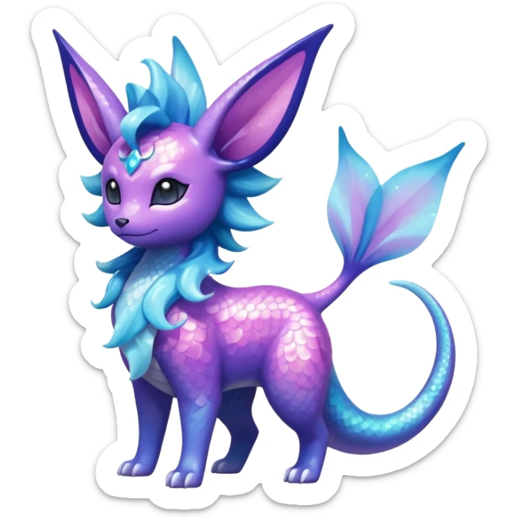 Magical scaley blue-cyan-indigo-purple-violet-pink-gradients nebula shiny glittery Suicune-Vaporeon-Primarina-Amaura-Pokémon-Fakémon-fusion, full body sticker