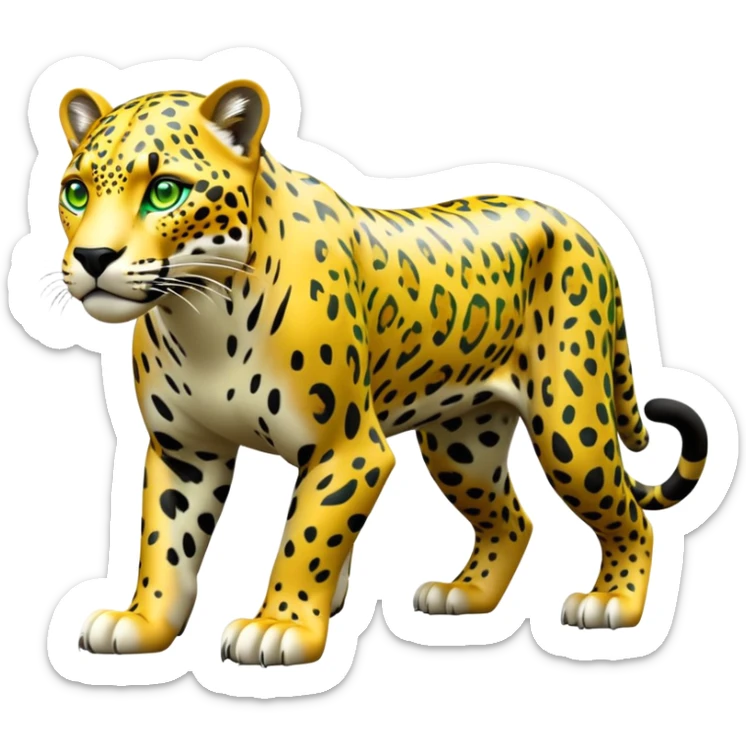 cinematic-jaguar-realistic-full-body-standing on all fours-emoji,-sleek-powerful-frame-poised-for-action,-yellow-fur-adorned-with-bold-black-rosettes,-head-tilted-dramatically,-piercing-green-eyes-locked-onto-its-prey,-simplified-yet-realistic-focused-features,-highly-detailed,-glowing-with-an-almost-sarcastic-glow sticker