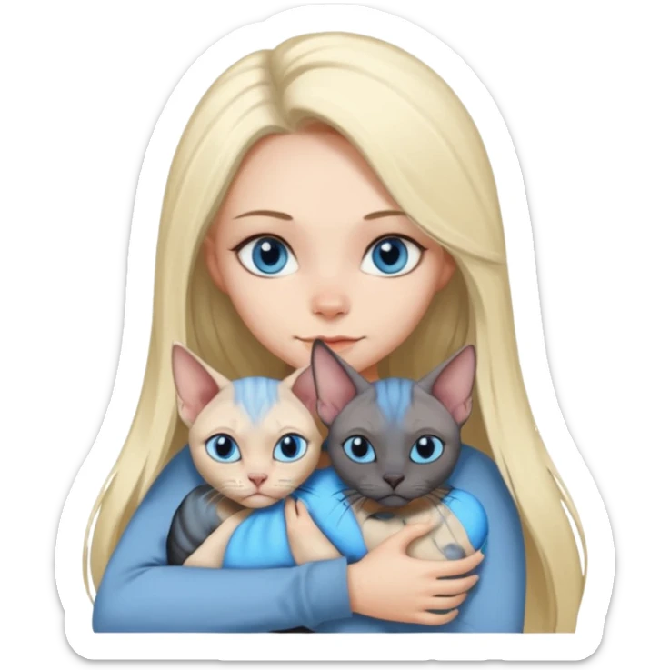 girl with long split-dye hair half blonde half black and blue eyes cuddling two grey sphynx cats emoji style sticker