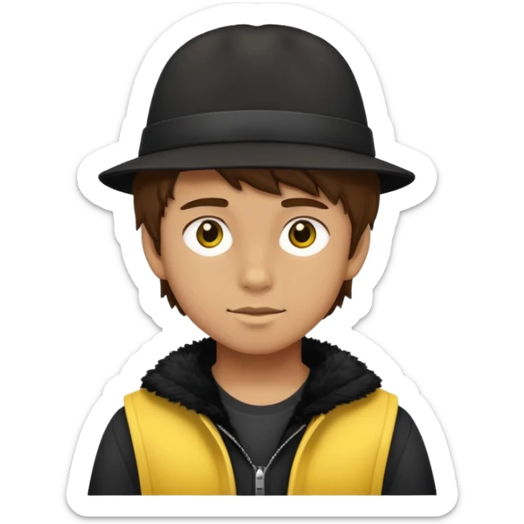 boy with fluffy brown hair wearing a black hat with yellow accents sticker