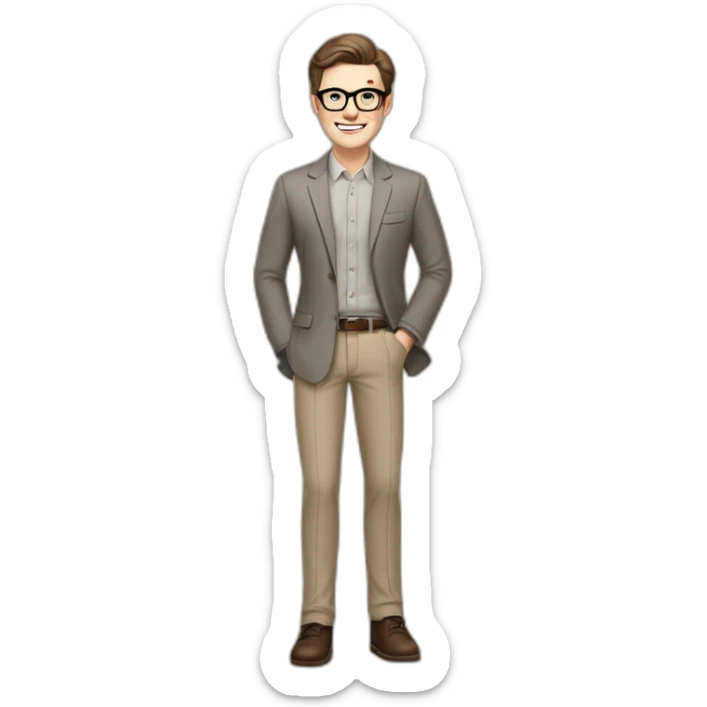 Joyful Full height Pale skinned Fit Man With dark brown hair in gray classic jacket, beige office shirt, Brown pants and vintage glasses. His thrumbs up sticker