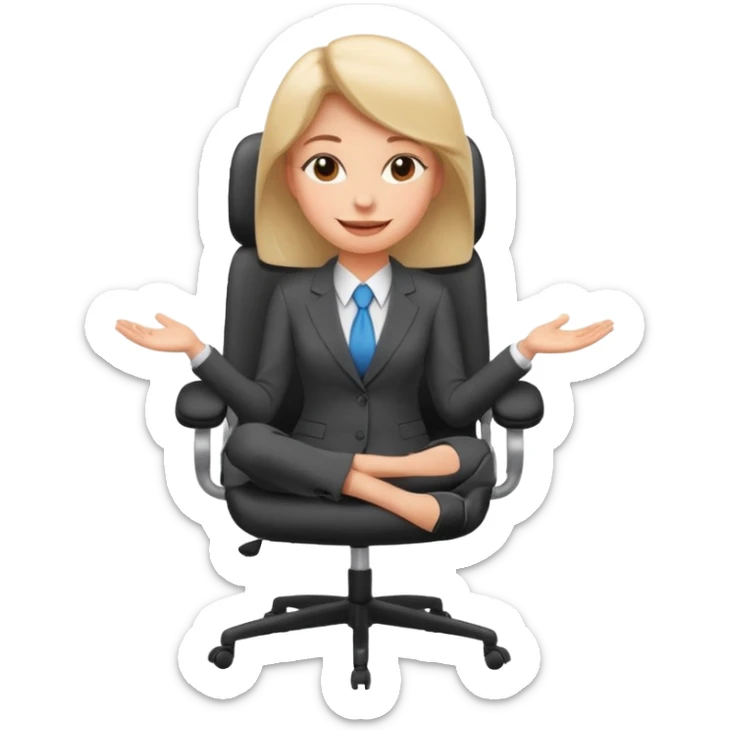 Woman having cartoon faced aligned in a chair in relaxing posture in an office chair and smiling sticker