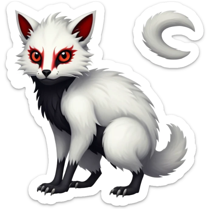 a white exotic edgy vernid-fionbri-creature, with black belly and red eyes, full body sticker