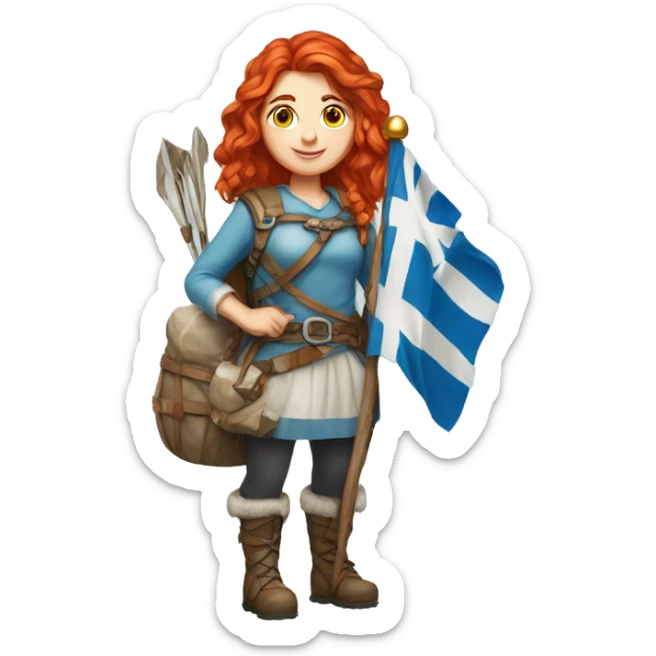 red hair female winter mountaineer offering Easter eggs and Greek flag sticker