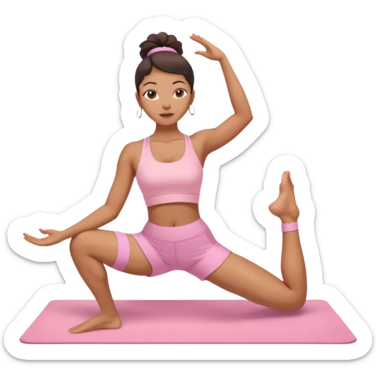 Mixed-race woman with caramel skin, slim thick silhouette, wearing pastel pink workout shorts and top, stretching on a yoga mat sticker