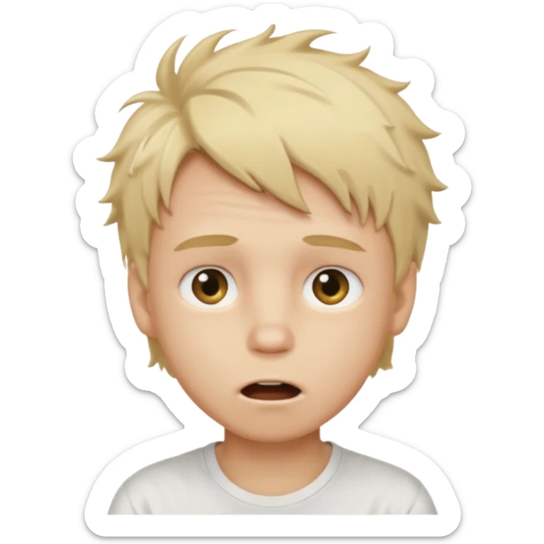 create boy blonde hair messy, light eyes, white t shirt, mouth slightly open to the left sticker