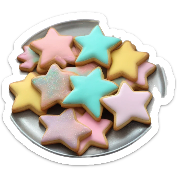 Realistic star shaped cookies and heart shaped cookies with pastel ombre icing and sprinkles piled up on a metallic silver plate. sticker
