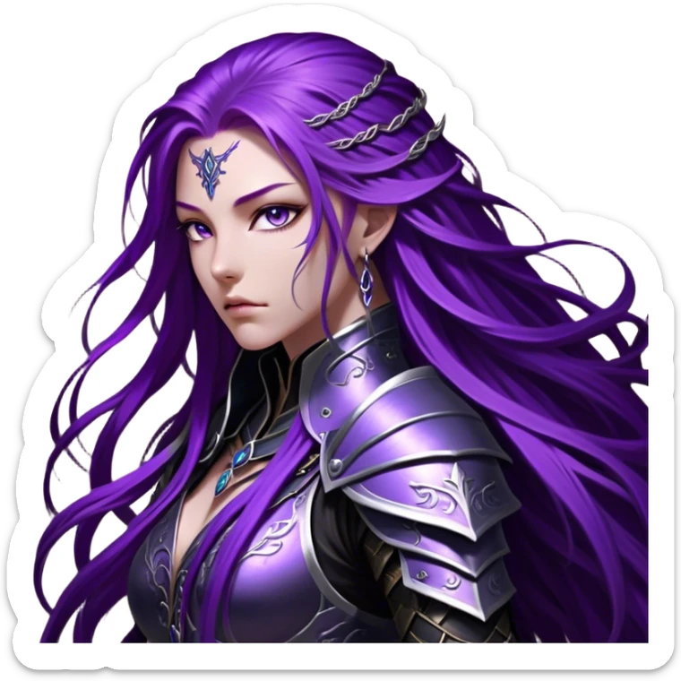 A mysterious warrior girl with long, flowing purple hair cascading down her back, strands catching the dim light like silk. Her piercing violet eyes glow beneath her furrowed brow, sharp with determination and wisdom beyond her years. She wears sleek black armor, a perfect fusion of elegance and lethality, adorned with intricate silver engravings resembling ancient runes. A dark cape billows behind her, torn at the edges from countless battles. Her gauntleted hands rest on the hilt of a slender, obsidian-hued sword, its blade humming faintly with hidden power.  sticker
