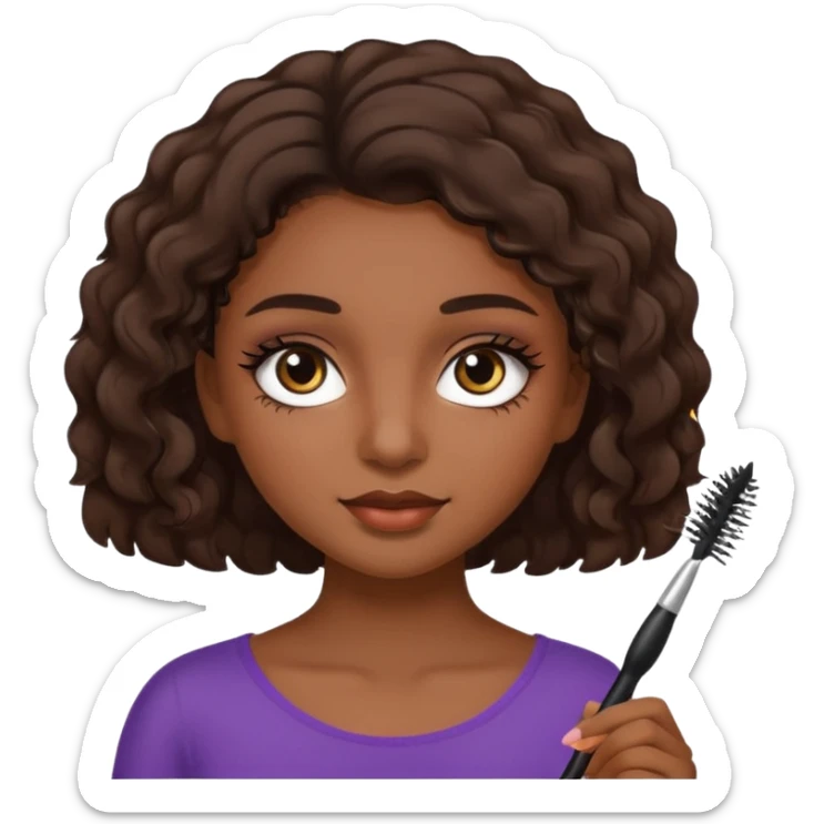 Garota parda de cabelos ondulados castanhos escuros curto aplicando máscara de cílios sticker