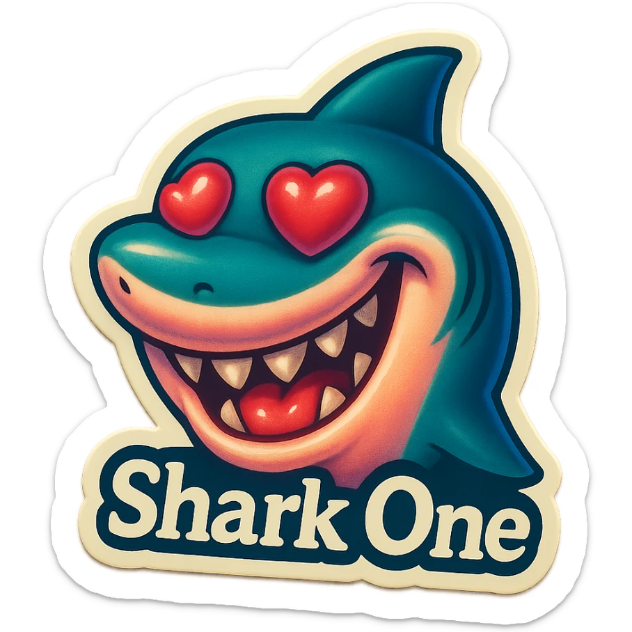 grin
heart shaped eye
add the words “ Shark One " in White sticker