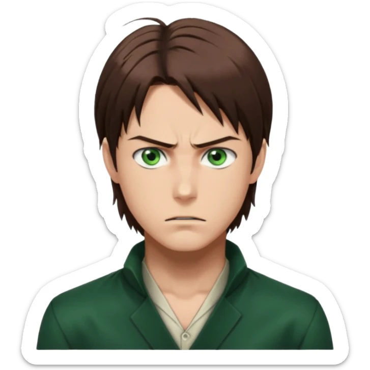 “Make him look like Eren Yeager S3 — long brown hair tied back, strong jawline, sharp green eyes, that cold, intense Eren vibe.” sticker