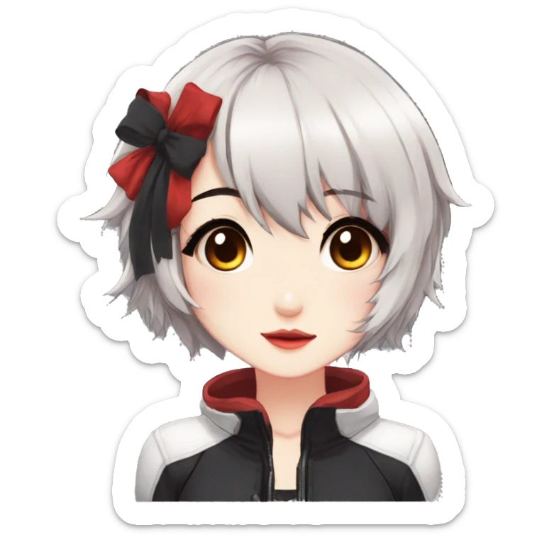 Gorgeous anime style lady with blushing face aesthetic and pretty edgy black red punk hair with hair garment trending style sticker