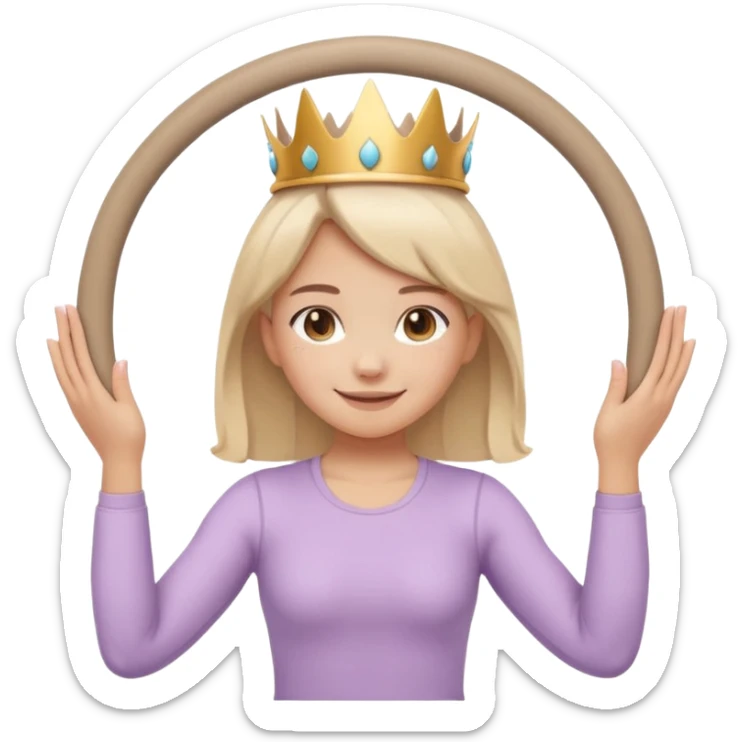 Cute emoji sticker of a girl holding a Pilates ring (magic circle) with both hands, squeezing it. She is smiling, wearing a tiny crown and beige activewear. Pastel accents, kawaii style, clean white outline, transparent background. sticker