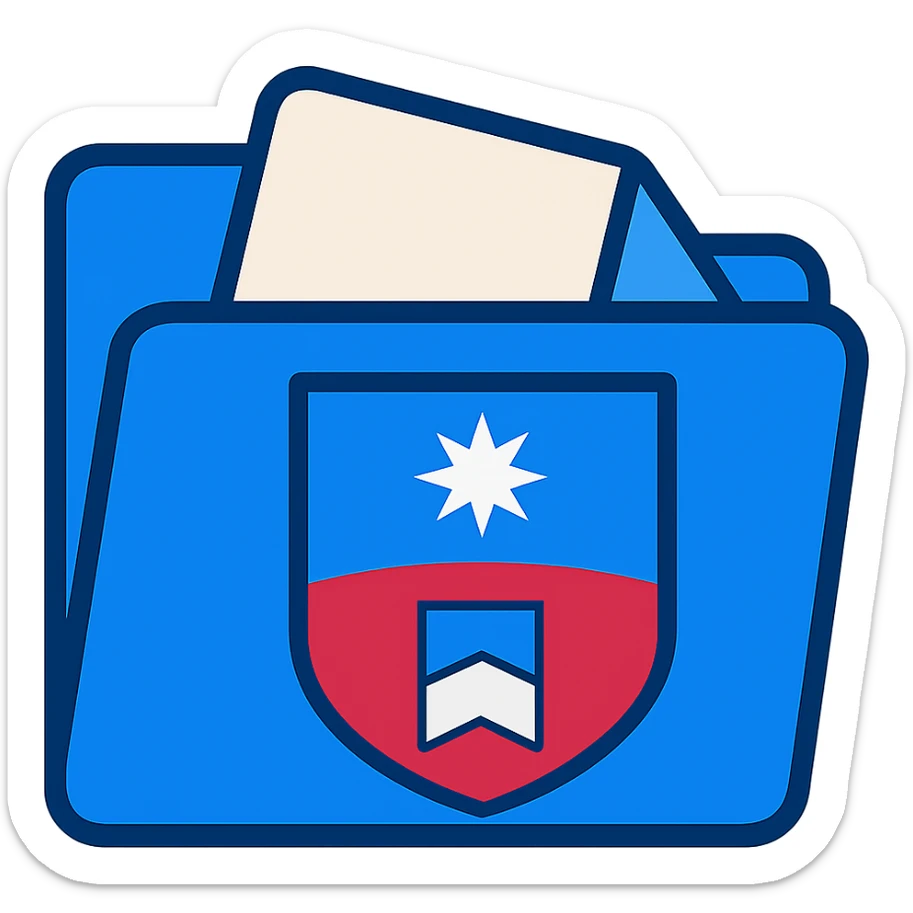 Apply the emblem with the blue, red, and white flag and white star on the front of the blue folder icon. Keep the style flat and modern with a fully transparent background. Prioritize clarity and recognizability, ensuring the emblem is clearly visible on the folder. sticker