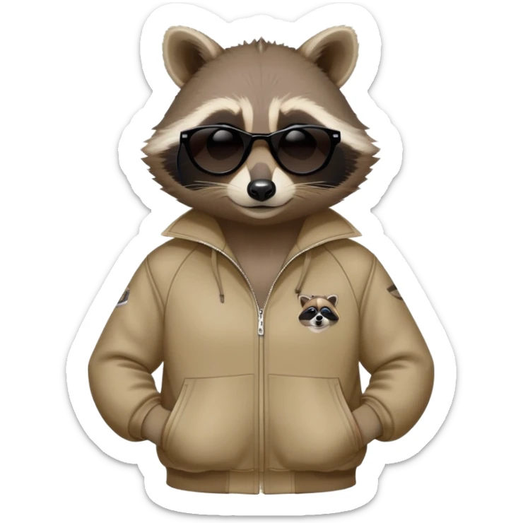 friendly anthropomorphised raccoon in a Sopranos-style mafia tracksuit, wearing dark sunglasses, relaxed pose sticker