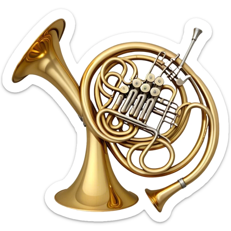 Create a refined and elegant emoji representing the Arnolds & Sons AHR-350 French horn. The design should feature the instrument's beautifully coiled brass body with its distinct flared bell, showcasing the high-quality craftsmanship. Include delicate details like the tuning valves, finger buttons, and elegant brass finish. Add subtle musical notes around the horn to symbolize its melodic sound. Use warm golden and brass tones to convey the luxury and professional quality of the instrument. The background should be transparent sticker