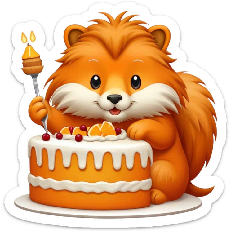a big kind orange coloured animal with very long fur eats a huge piece of cake sticker