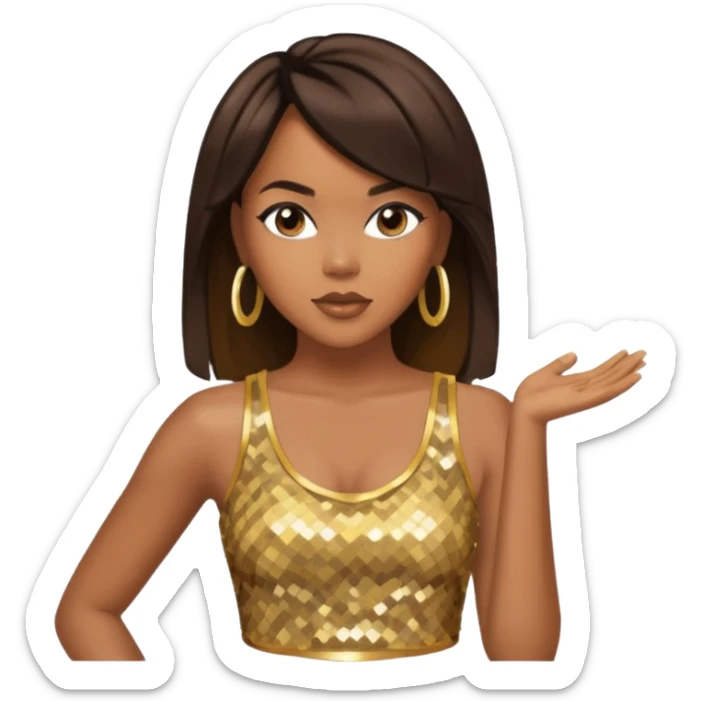 LeToya Luckett with long dark brown hair, gold sequin crop top  sticker