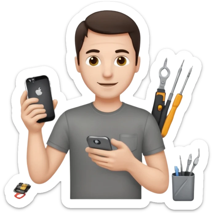make a white guy with dark brown hair, with a simple white o grey shirt, repairing an iphone happy, tecnician with small tools for phone sticker