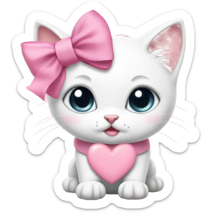 white kitten wearing pink collar with heart shaped bow and a pink ribbon bow on her head sticker