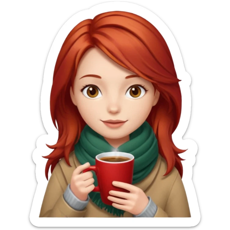 a girl drink with red layer hair, having scarf, drink coffee, enjoy sticker