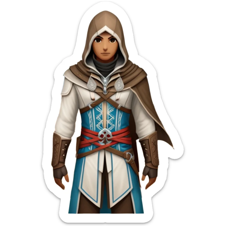 icon featuring Assasin's Creed in an iconic assassin's hood, standing tall against the backdrop of Florence. The design captures the essence of adventure, with intricate details of historical architecture and a sense of mystery. The character is poised, ready for action. transparent background. sticker