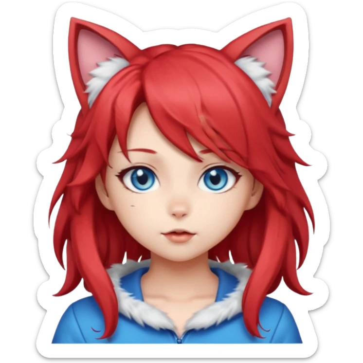 cute anime cat-girl with cat ears, red blowing hair sticker