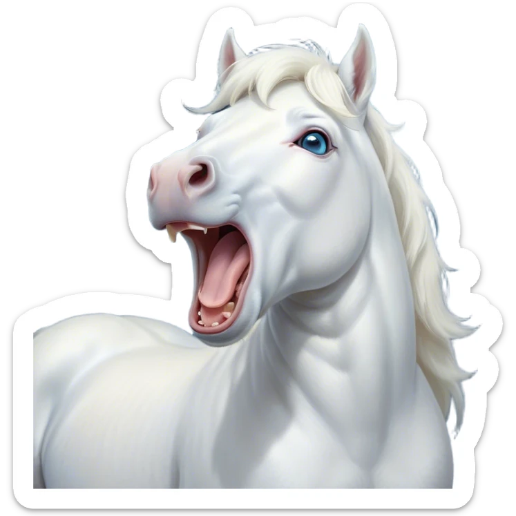 Cinematic Cute Yawning White Horse Portrait Emoji, Head tilted slightly with a dramatic, wide-open yawn, revealing a soft white fur with a subtle shimmer, floppy ears slightly drooping, round blue eyes barely open in drowsy contentment, Simplified yet irresistibly adorable features, highly detailed, glowing with a soft, cozy glow, high shine, relaxed yet expressive, stylized with a touch of whimsy, bright and endearing, soft glowing outline, capturing the essence of a sleepy yet affectionate horse, so drowsy it feels like it could stretch out of the screen and curl up for a nap! sticker