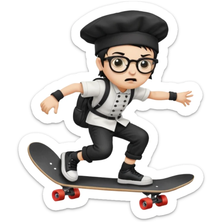 ["An angry boy  wearing a chef hat and square glasses, dressed in goth fashion, is skateboarding while holding a backpack."] sticker