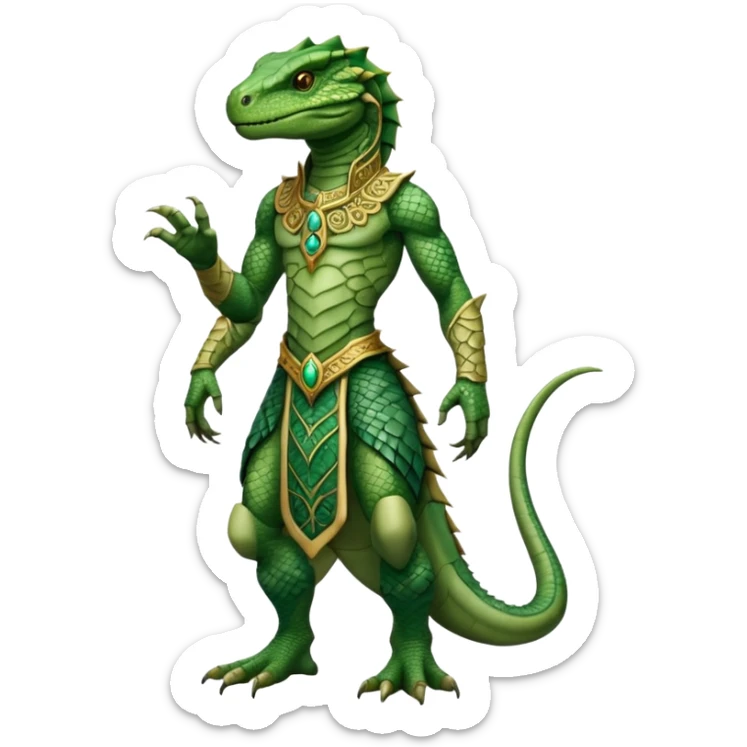 full body reptilian humanoid in ancient outfit, front view, ornate details sticker