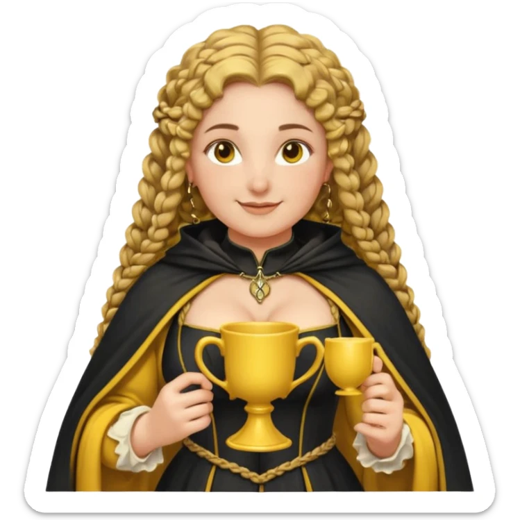 Helga Hufflepuff, 2 curly thick brown braids, yellow-black medieval dress, black cloak decorated with gold braiding, tiny two-handled shiny yellow-gold cup, very kind smile, curvy busty sweet woman, thick rosy cheeks sticker