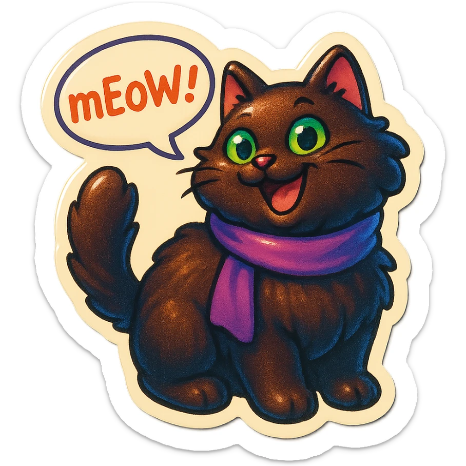 Fluffy cute playfull silly smiling happy dark-brown cat with green eyes and a purple scarf saying ‘mEoW~!’ (With a speech bubble) sticker